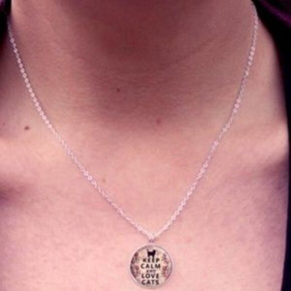 Silver Necklace Keep Calm Love Cats Glass Dome Floral 23.6" Novelty Pet‎ Lover - Picture 3 of 3